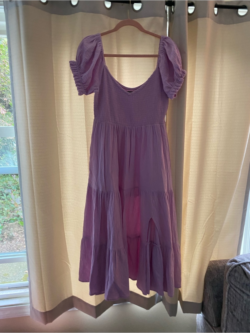 Lilac Puff-Sleeve Women’s Dress - Lightweight Tiered Summer Dress